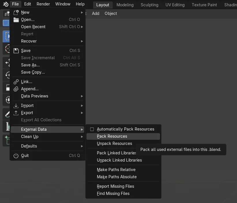 Use Pack Resources in Blender