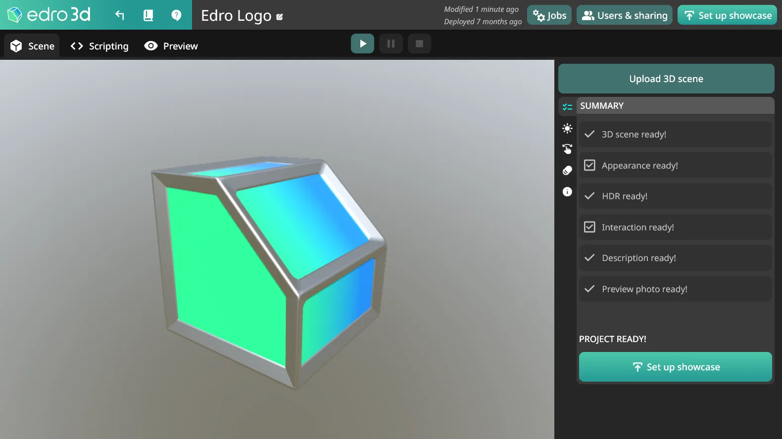 Full project editor screen with top bar, tabs, and viewport labeled