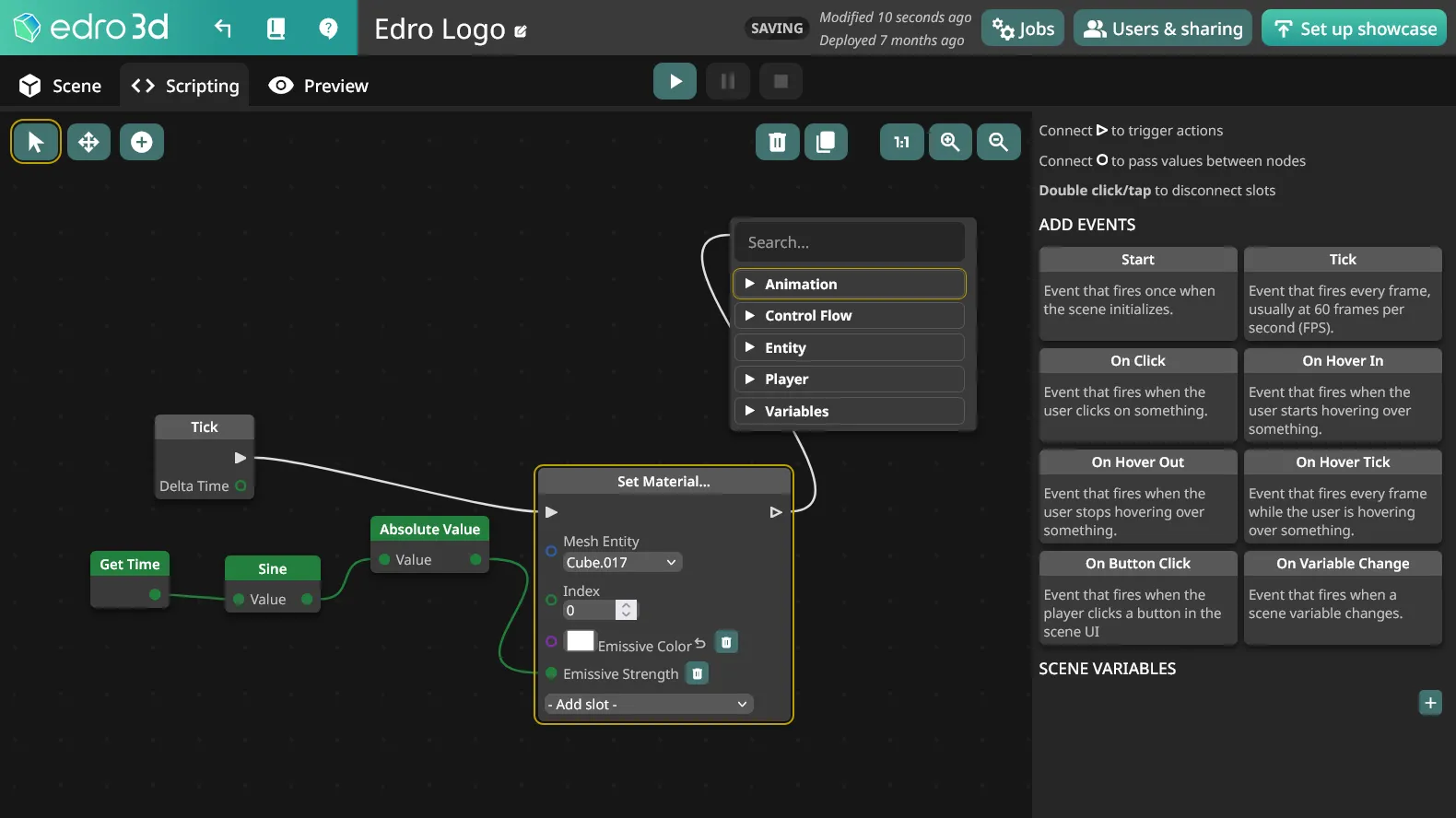 Connecting nodes in the scripting tab