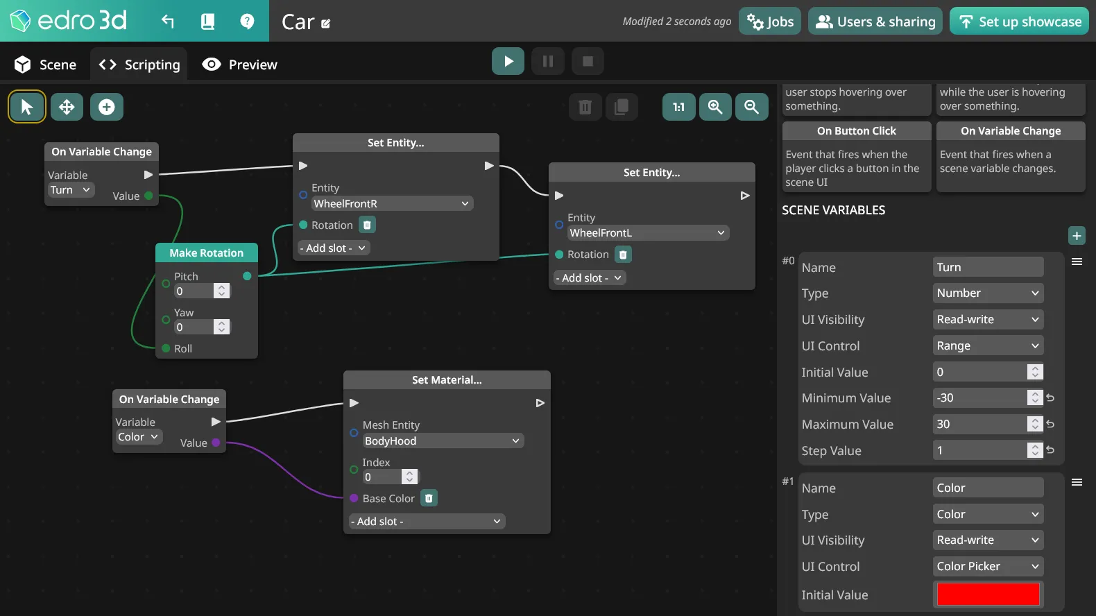 Scene Variables panel in the scripting tab