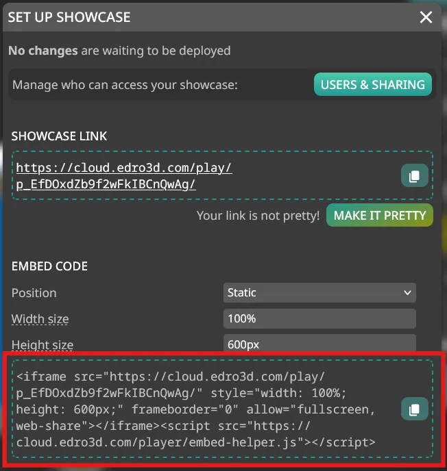 Embed code in Set Up Showcase dialog