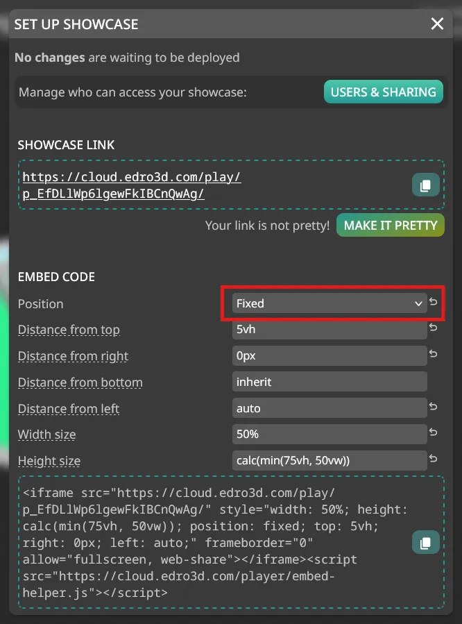 Position fixed in the Set Up Showcase dialog