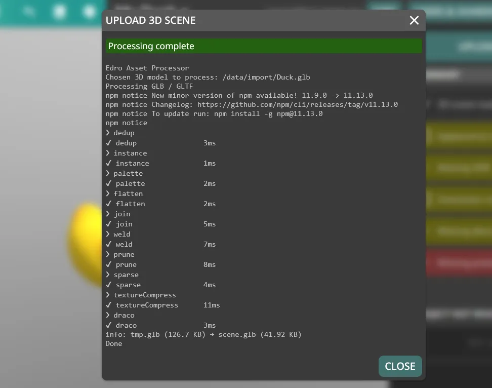 Upload 3D Scene completed