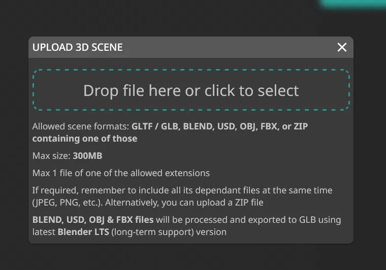 Upload 3D Scene dialog